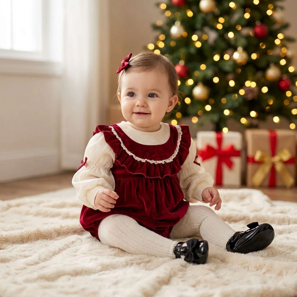 Baby girl sitting in front of a decorated Christmas tree wearing a red velvet bubble romper