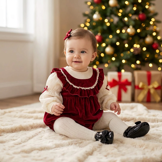 Baby girl sitting in front of a decorated Christmas tree wearing a red velvet bubble romper