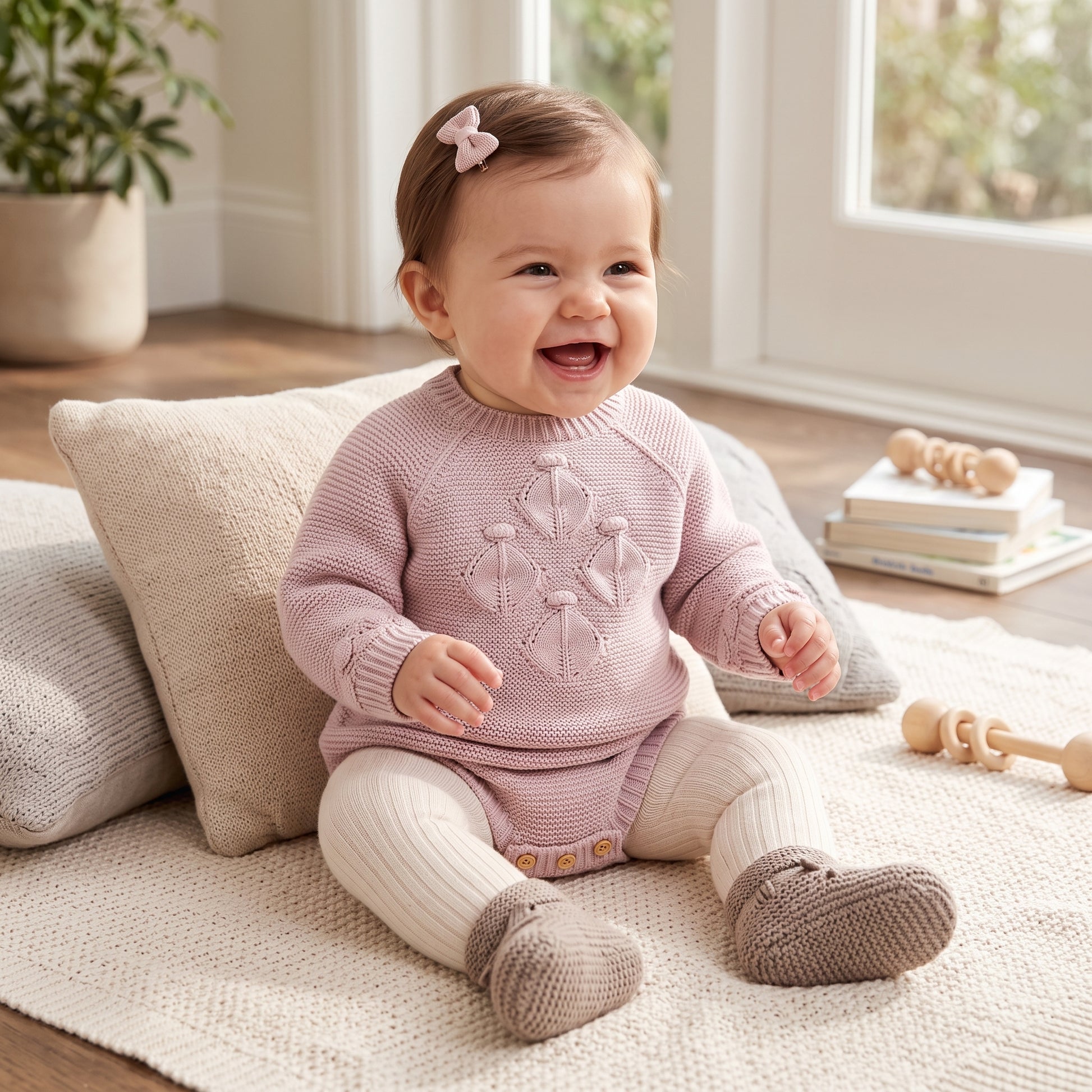 Baby girl sitting on a soft mat wearing a light pink seamless knit sweater romper one-piece outfit.