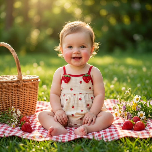 Baby girl wearing a strawberry muslin cotton romper at a picnic in a park