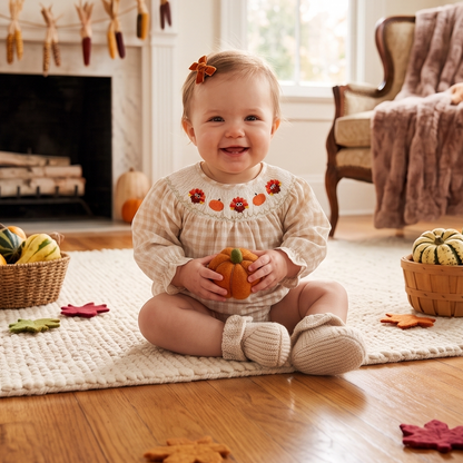 Baby girl smiling and sitting in a cozy fall living room wearing a beige gingham smocked Thanksgiving romper.