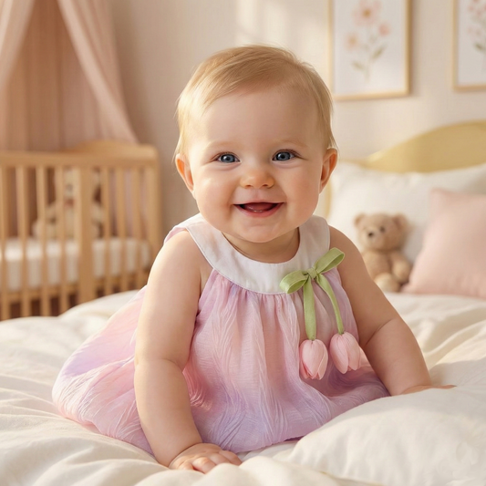 Baby Girl in a pink dress with tulip details sitting on a bed in a nursery.