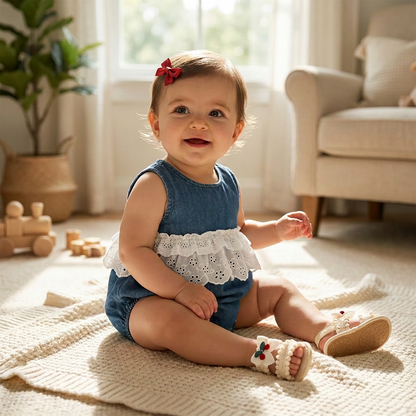 A smiling baby girl sitting on a cream rug wearing a sleeveless dark wash denim bubble romper with white eyelet lace ruffles and a red hair bow.