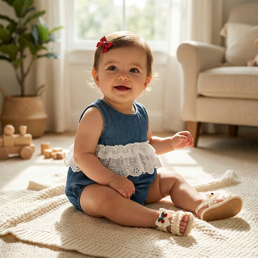 A smiling baby girl sitting on a cream rug wearing a sleeveless dark wash denim bubble romper with white eyelet lace ruffles and a red hair bow.