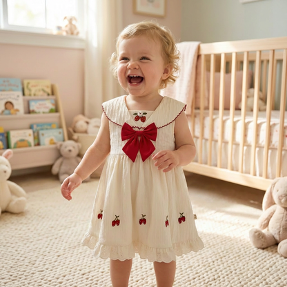 Child in a cream dress with red strawberry accents in a nursery