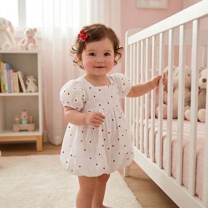 Baby Girl in a white floral embroidered dress standing next to a crib in a nursery.