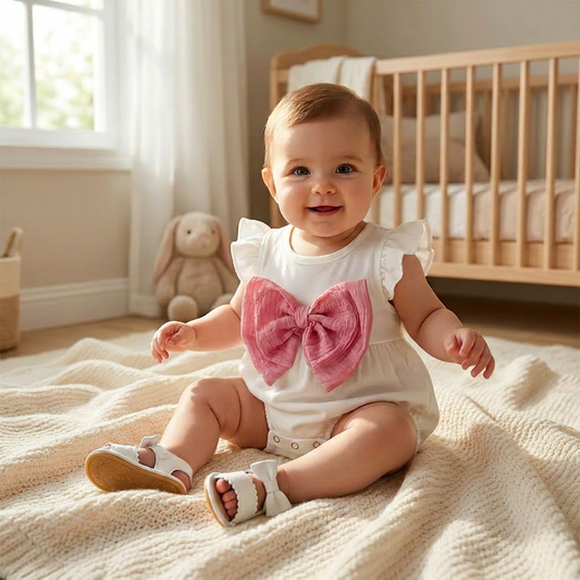 Smiling baby girl wearing the white knitted romper with a large pink bow, sitting on a soft blanket in a cozy nursery setting.