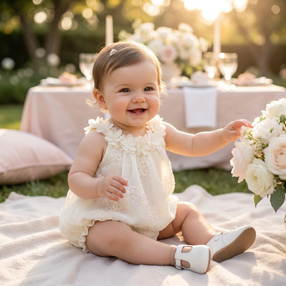 A smiling baby girl wearing a white embroidered boho bubble romper with a floral collar, sitting on a blanket outdoors touching white flowers during a summer milestone photoshoot.