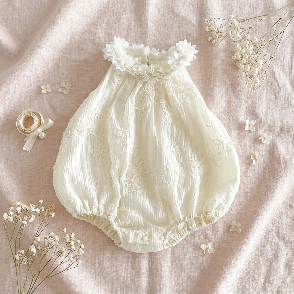 White baby girl bubble romper laid flat on a soft pink background with delicate dried flowers.