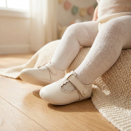 Baby wearing white T-strap Mary Jane shoes and ribbed tights, sitting on a wooden floor next to a blanket.