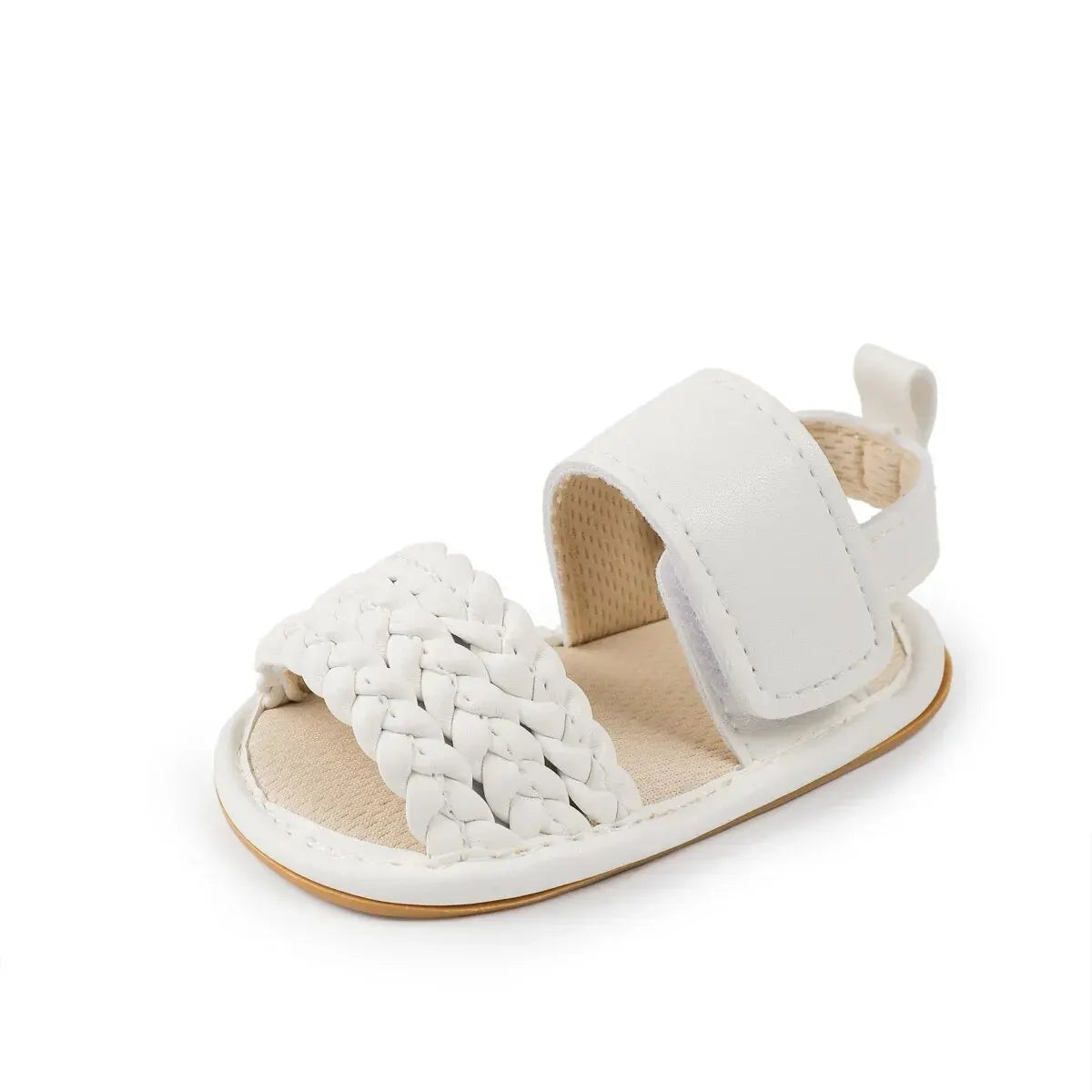 Single white woven faux leather baby sandal showing the front braided detail.