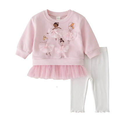 Baby girls pink ballerina sweatshirt and white ribbed leggings 2-piece outfit set, front view.