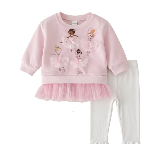 Baby girls pink ballerina sweatshirt and white ribbed leggings 2-piece outfit set, front view.