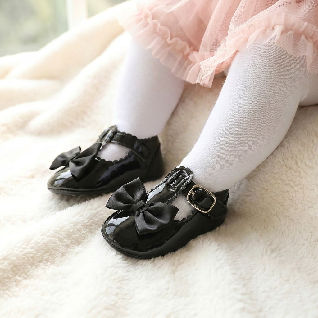 Close-up of a baby wearing black patent leather T-strap bowknot shoes paired with white tights.