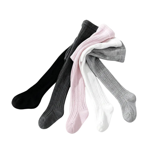 5-pack of baby and girls cable knit tights in black, dark gray, soft pink, crisp white, and light gray laid out together.