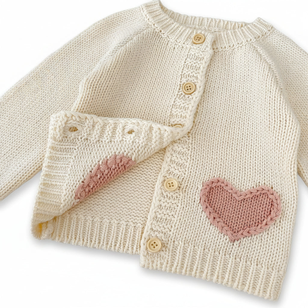 Front view of cream baby knit cardigan partially unbuttoned showing interior lining.