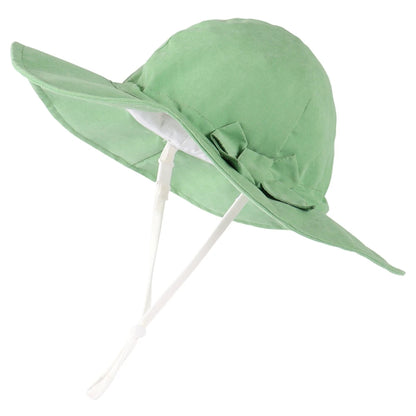 Pastel green 100% cotton wide brim sun hat for baby girls featuring an adjustable chin strap and side bow.