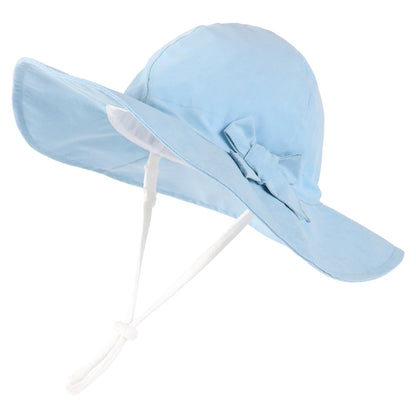 Light blue 100% cotton wide brim sun hat for infants and toddlers with an adjustable chin strap and side bow decoration.