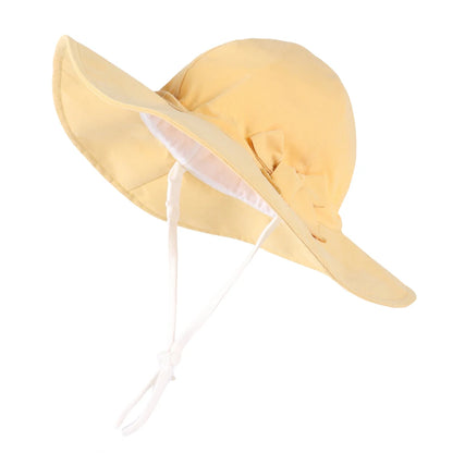 Pastel yellow 100% cotton wide brim sun hat for active infants and toddlers with a side bow and toggle strap.