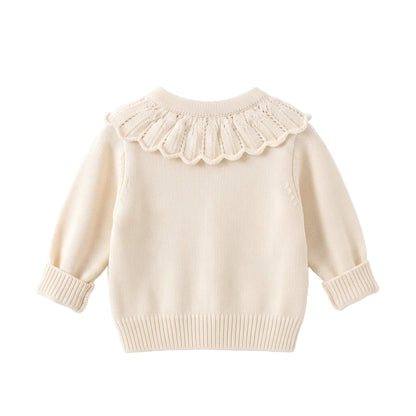 Back view of cream baby girls knit cardigan sweater highlighting the wide scalloped ruffle collar detail.