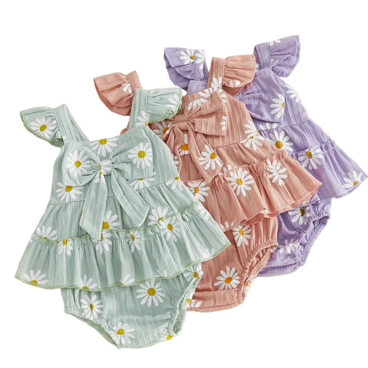 Collection of Kidsely baby girl daisy print 2-piece outfits in Sage Green, Dusty Rose, and Muted Lavender colors.