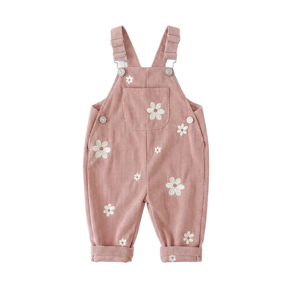 Dusty Rose baby and toddler girls corduroy overalls featuring white daisy embroidery.