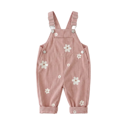 Dusty Rose baby and toddler girls corduroy overalls featuring white daisy embroidery.
