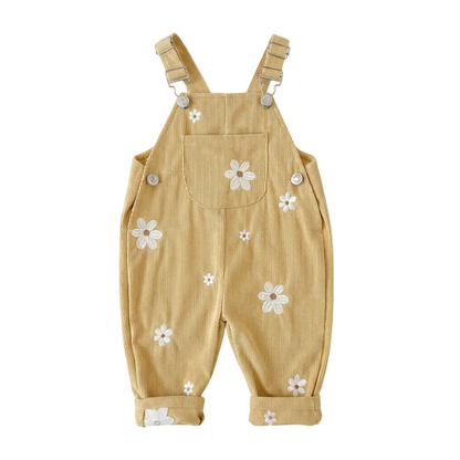 Harvest Gold baby and toddler girls corduroy overalls featuring white daisy embroidery.
