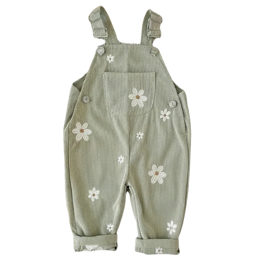 Sage Green baby and toddler girls corduroy overalls featuring white daisy embroidery.