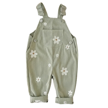 Sage Green baby and toddler girls corduroy overalls featuring white daisy embroidery.