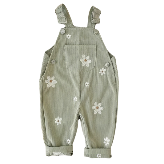 Sage Green baby and toddler girls corduroy overalls featuring white daisy embroidery.