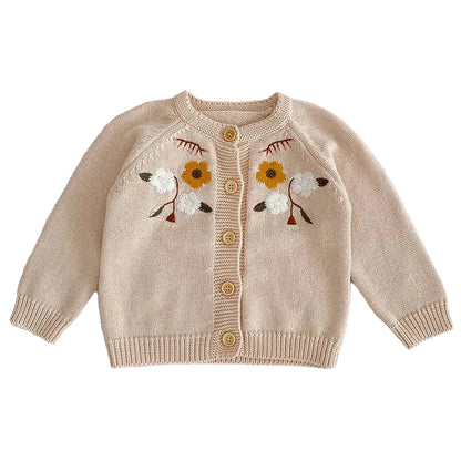 Oatmeal floral embroidered knit cardigan sweater for baby girls on a plain white background