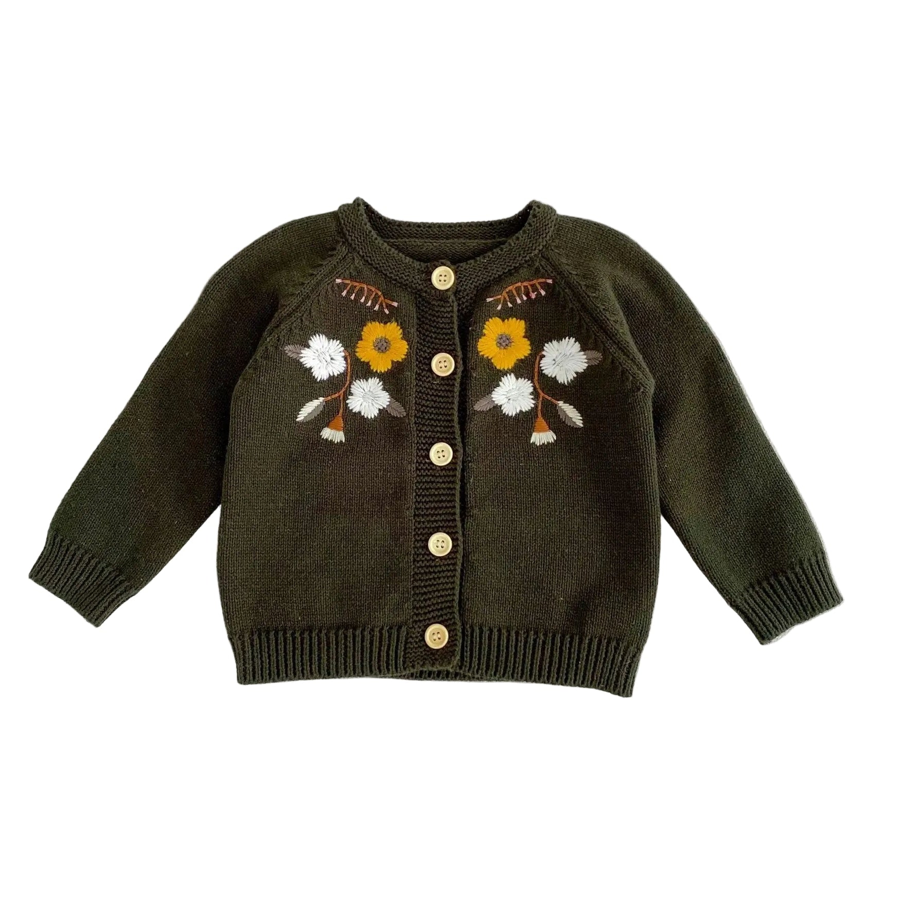 Front view of olive green baby girls cardigan sweater with yellow and white embroidered flowers and wooden buttons.