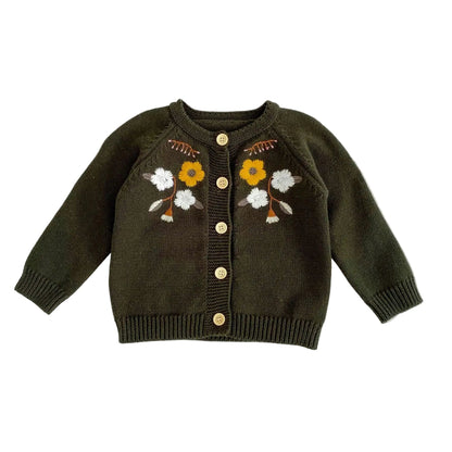 Front view of olive green baby girls cardigan sweater with yellow and white embroidered flowers and wooden buttons.