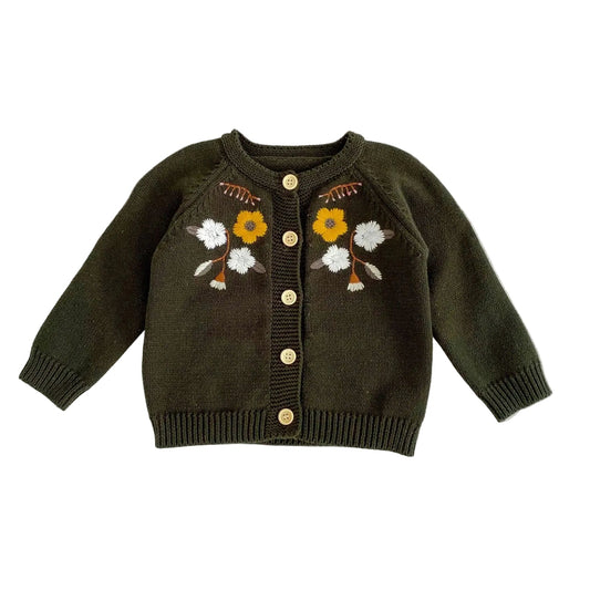 Front view of olive green baby girls cardigan sweater with yellow and white embroidered flowers and wooden buttons.