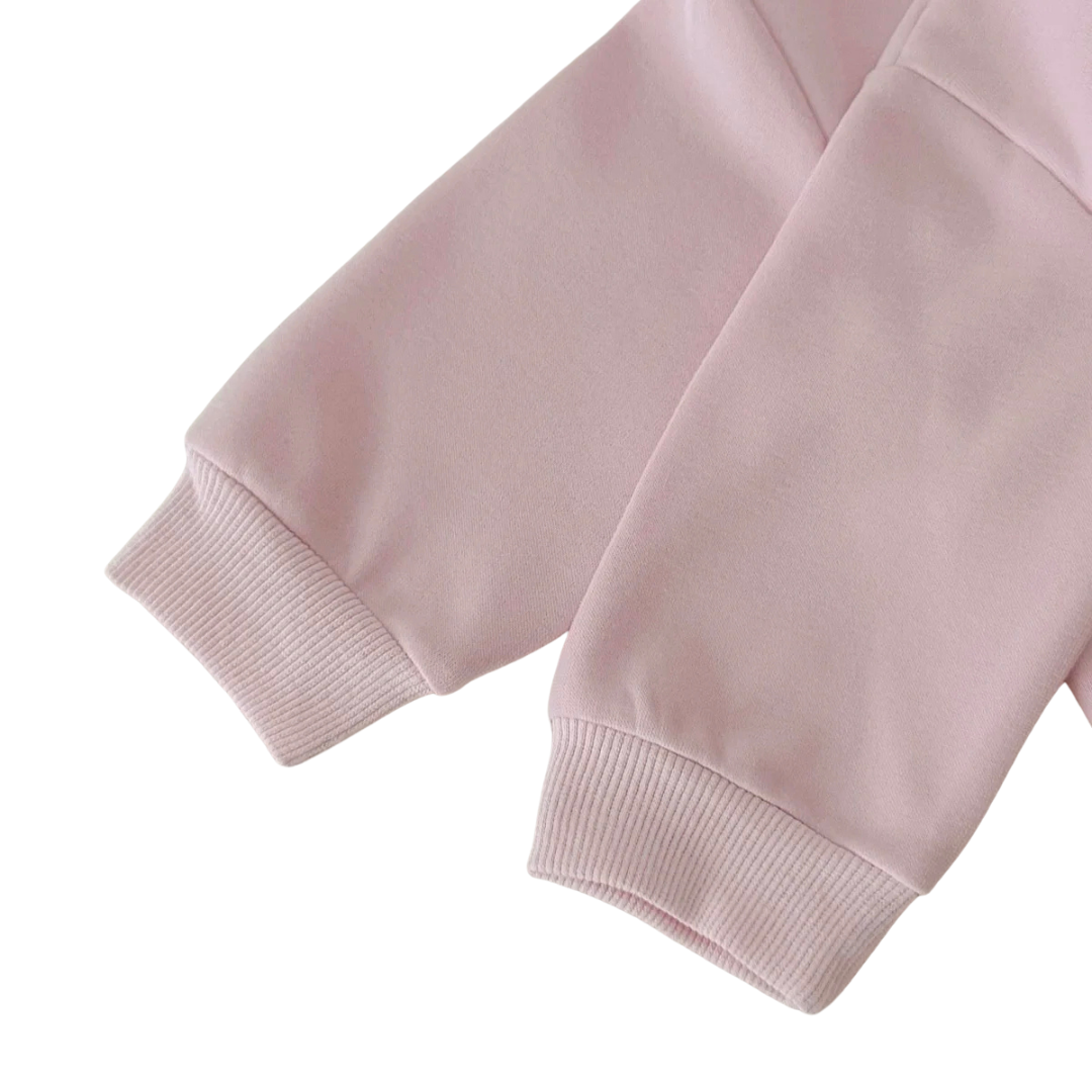 Soft long-sleeve ribbed cuffs on pink toddler ballerina pullover sweatshirt.