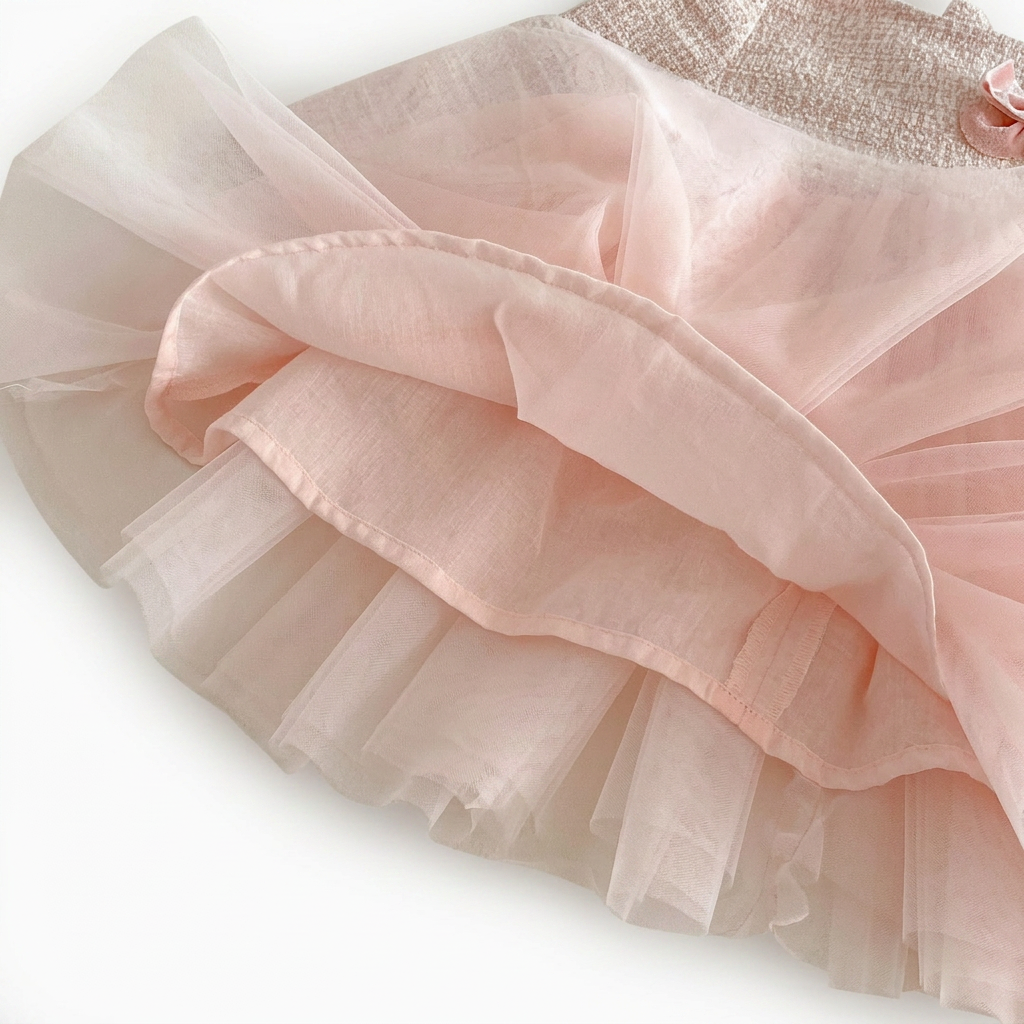 Close-up of the underneath layers of the pink toddler dress showing the smooth, skin-friendly inner lining fabric beneath the tulle skirt layers.