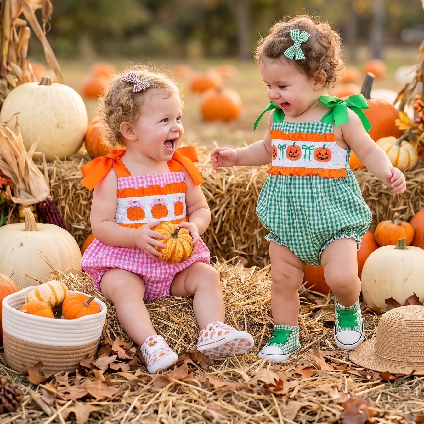 Two happy baby girls sitting in a pumpkin patch on hay bales wearing pink and green gingham smocked Fall bubble rompers.