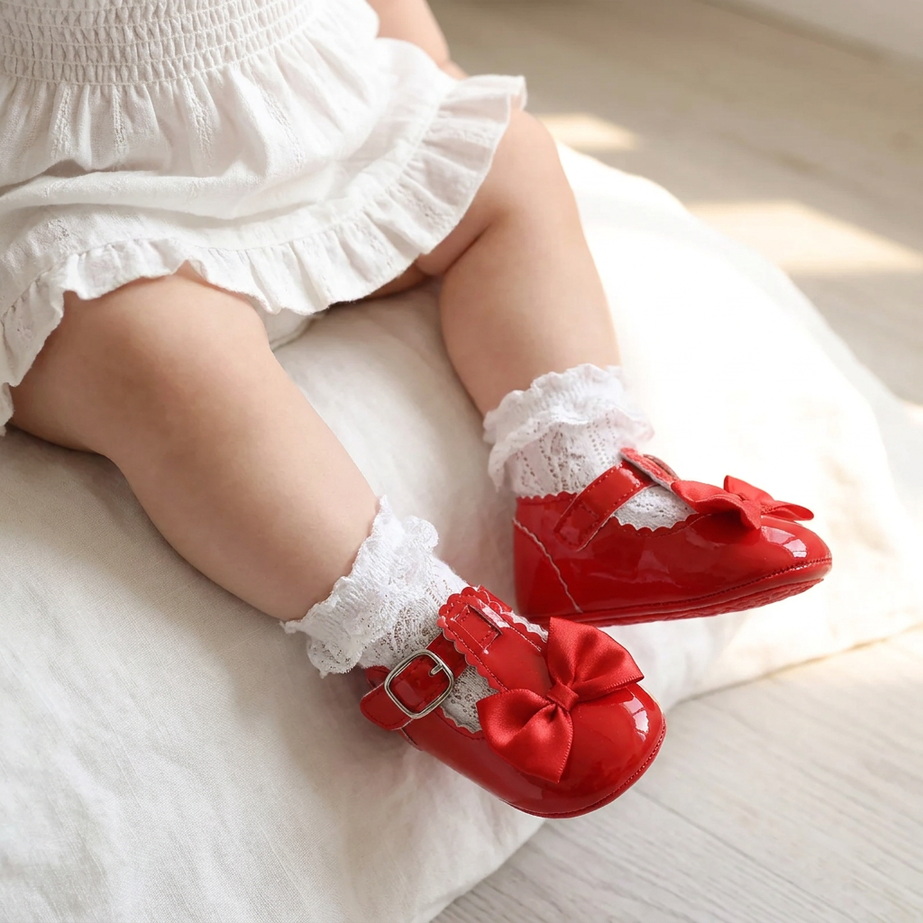 Close-up of an infant wearing festive red patent leather T-strap bowknot shoes with white ruffled socks, ideal for Christmas holiday outfits.