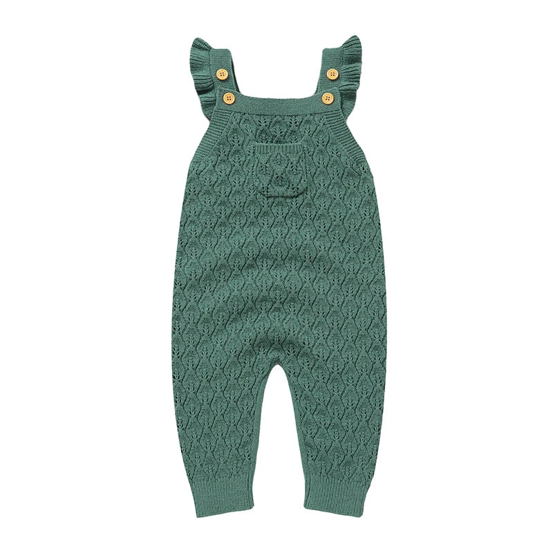 Baby girls green chunky knit sleeveless romper overalls with ruffle straps and a front pocket, laying flat on a white background.