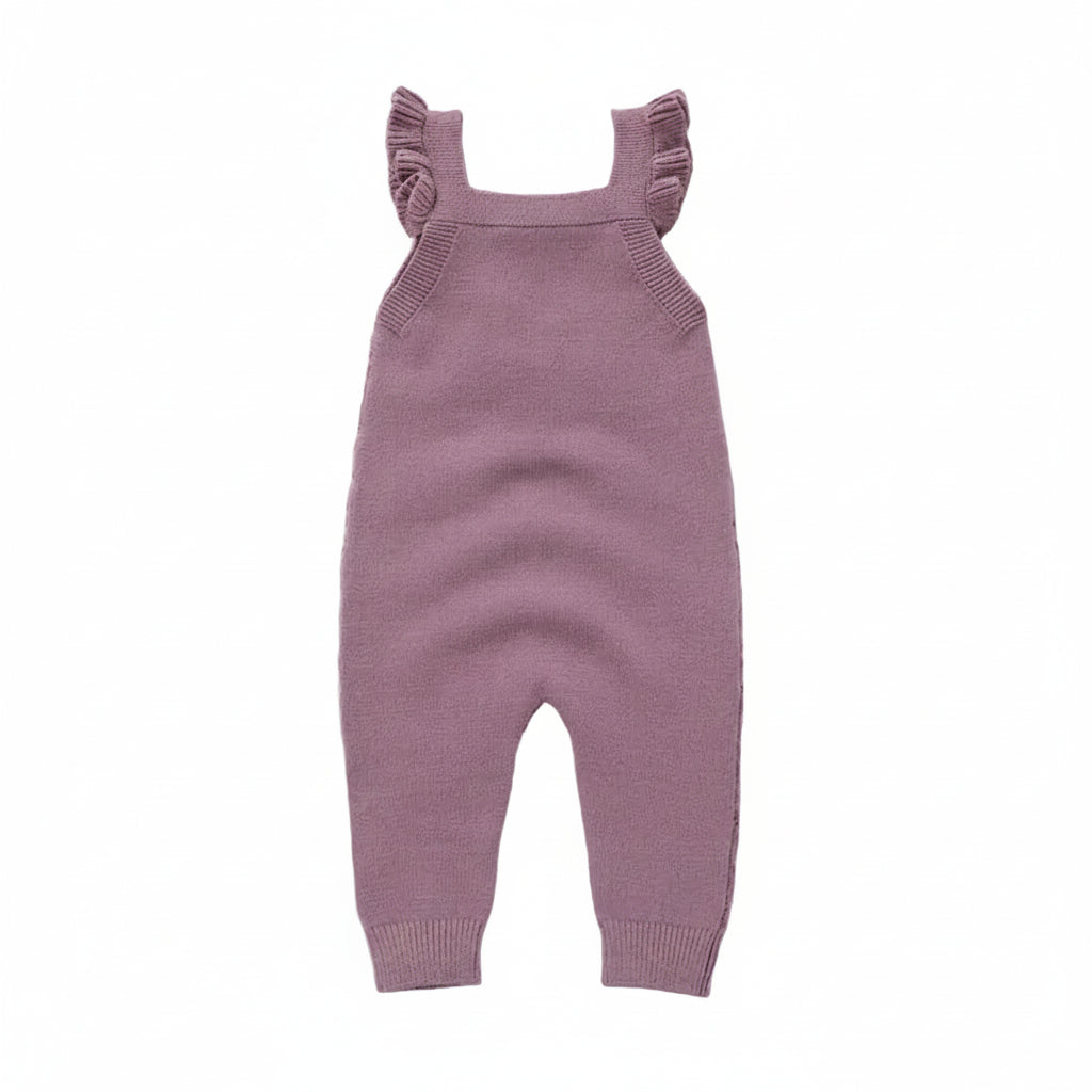 Back view of a mauve sleeveless chunky knit baby romper laying flat on a white background.