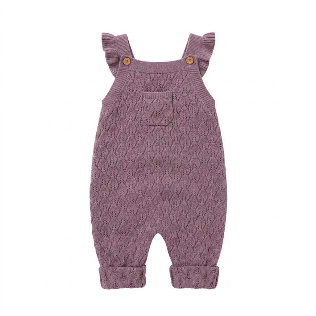 Baby girls mauve chunky knit sleeveless romper overalls with ruffle straps and a front pocket, laying flat on a white background.