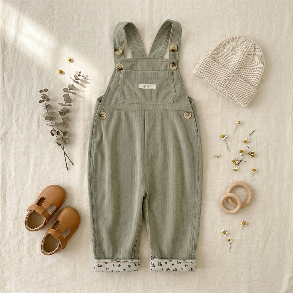 Flat lay of baby girls sage green corduroy overalls styled with a knit beanie, brown leather shoes, and wooden toys.
