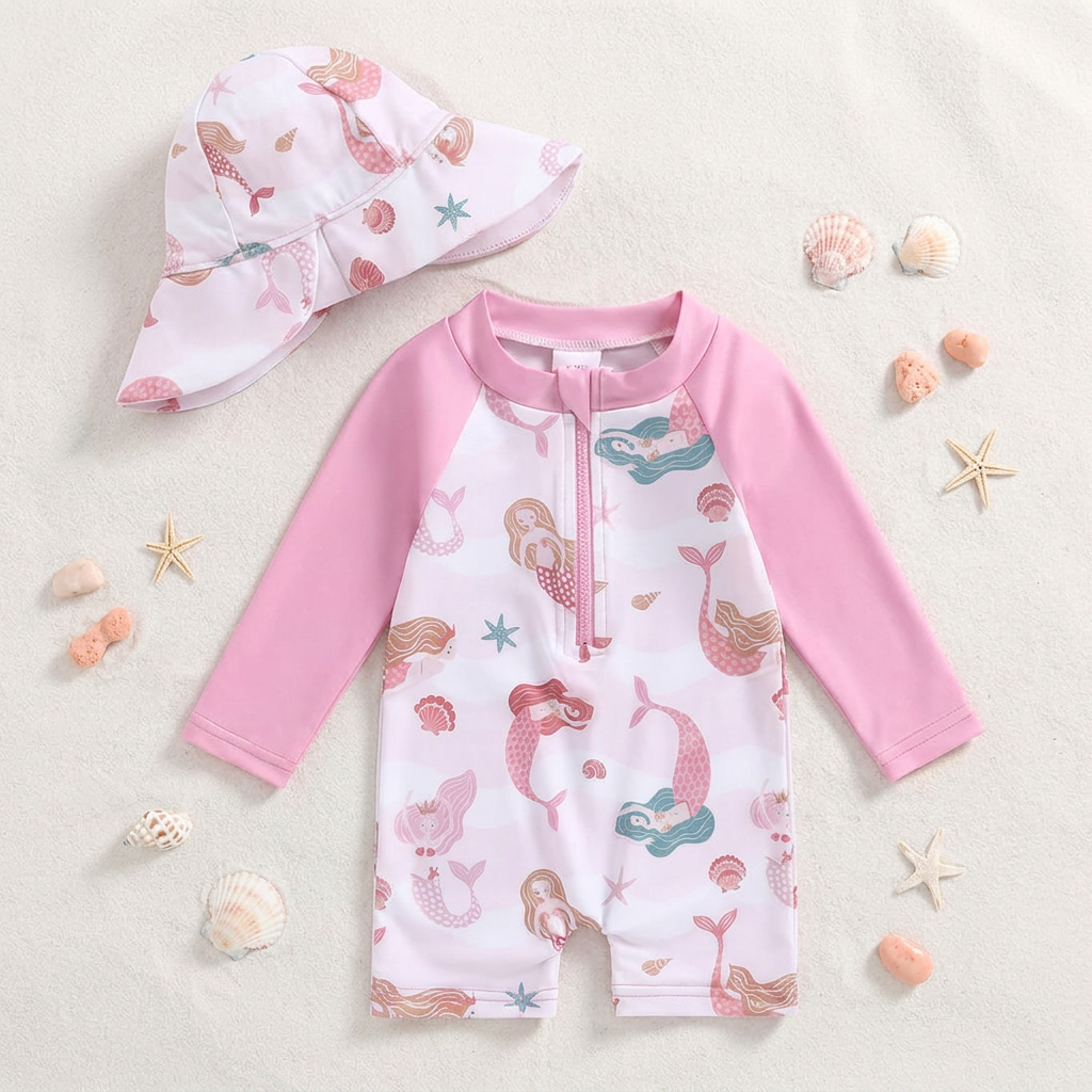Baby and toddler swimsuit with pink long-sleeves and mermaid pattern, accompanied by a matching hat on a light background.