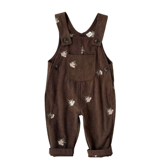 Acorn Brown baby and toddler girls vintage corduroy overalls with pink floral embroidery.