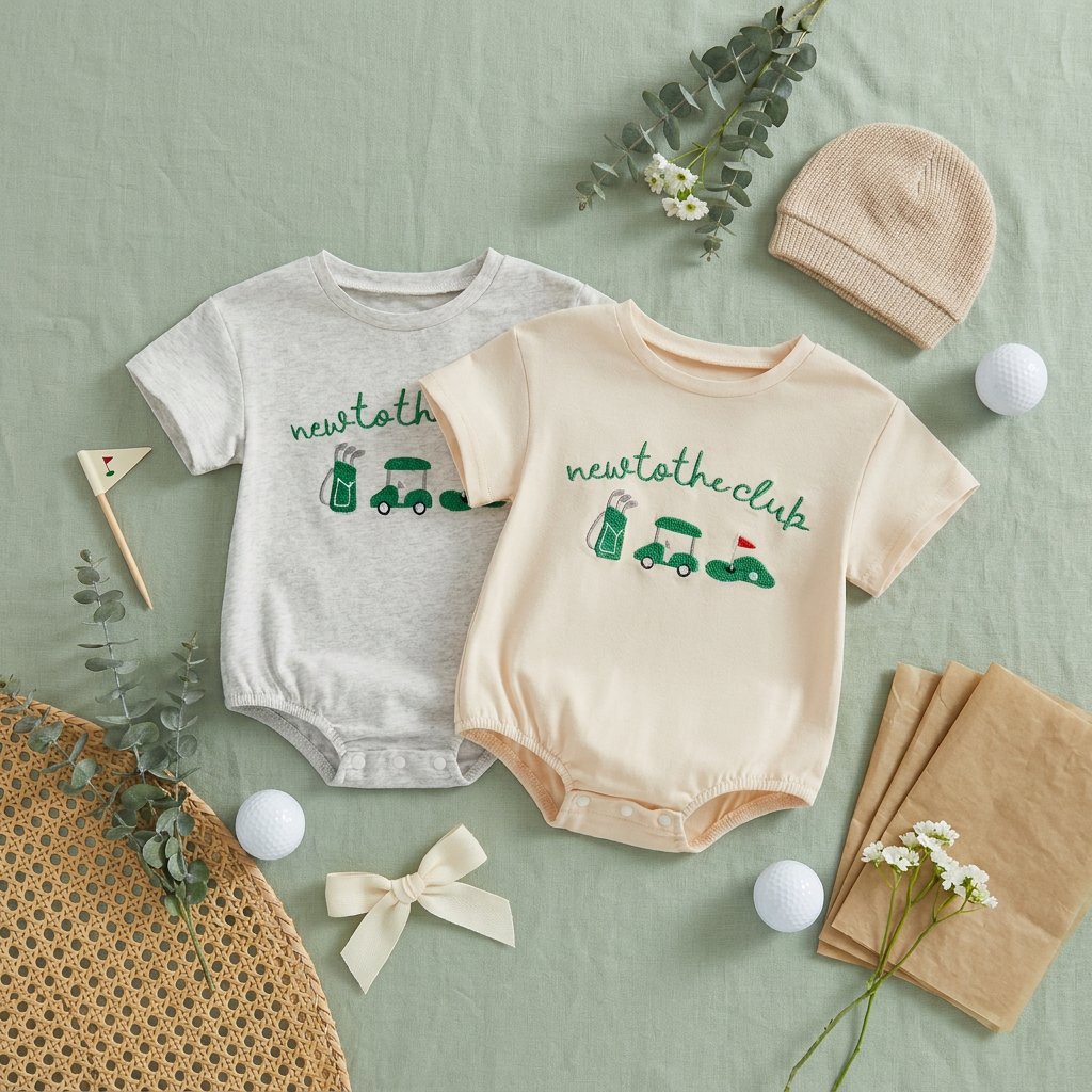 Flat lay displaying both the cream and light heather grey baby golf rompers styled with small golf balls and greenery.