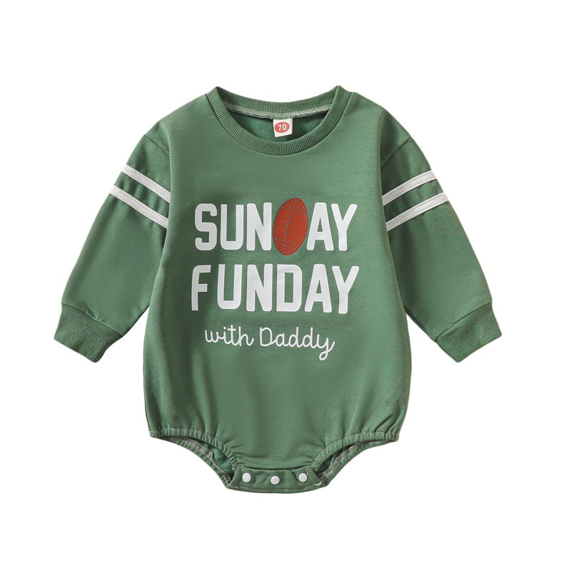 Front view of a green baby long-sleeve bodysuit featuring white athletic sleeve stripes and the text "Sunday Funday with Daddy" with a football graphic.