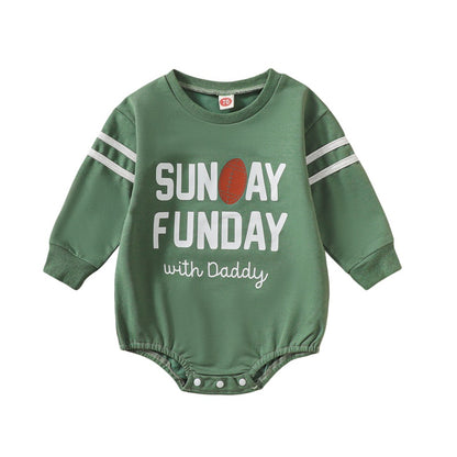 Front view of a green baby long-sleeve bodysuit featuring white athletic sleeve stripes and the text "Sunday Funday with Daddy" with a football graphic.