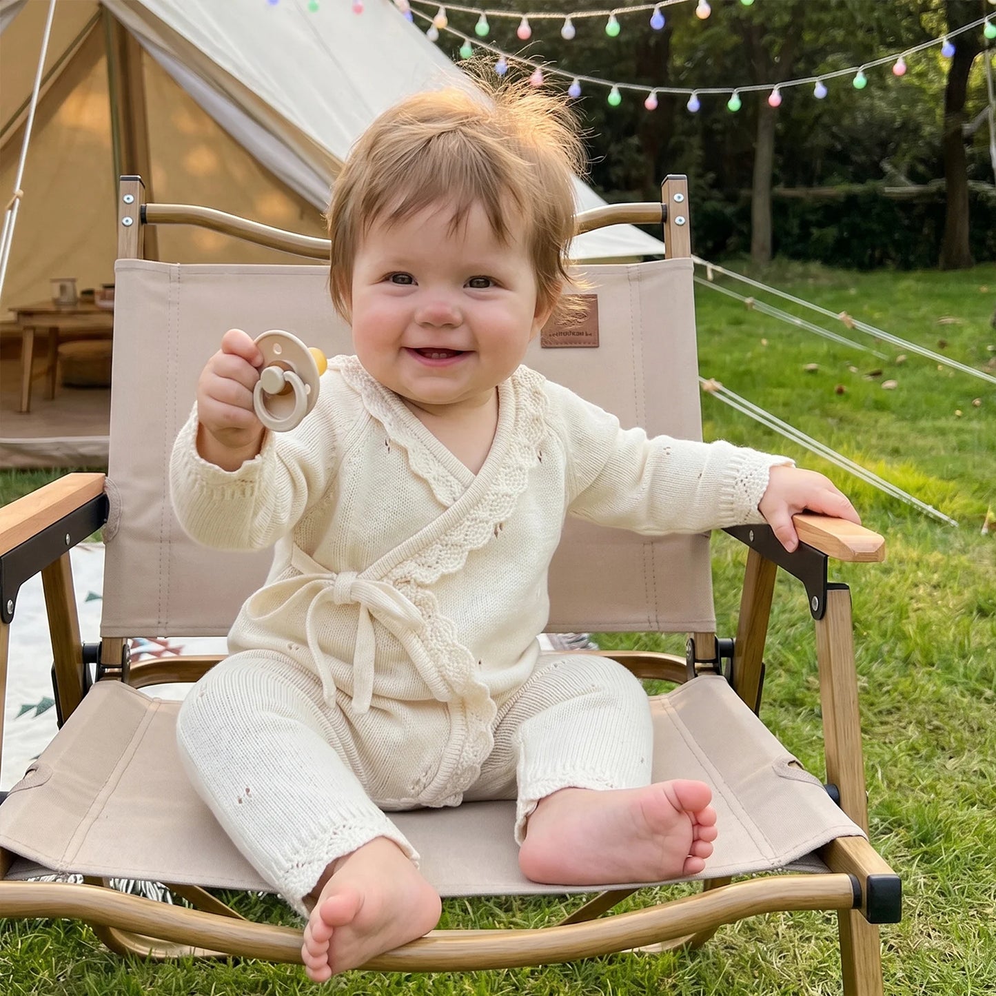 Baby girl sitting in a small outdoor folding chair wearing the ivory pointelle knit kimono romper.