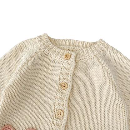 Close-up of ribbed crew neckline and top buttons on cream baby girls cardigan.